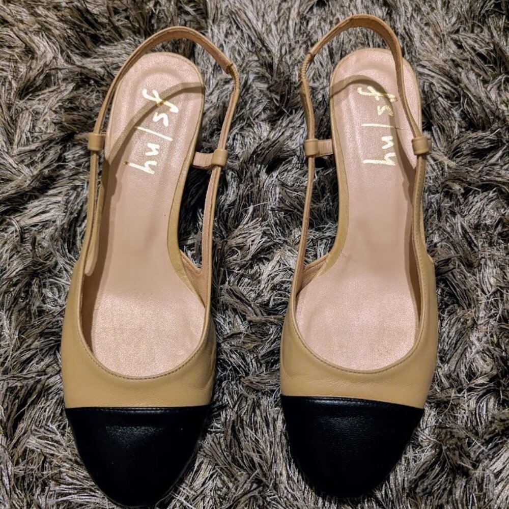 Tuckernuck French Sole Cap Toe Tan & Black Slingback Heels 7.5 NEW - Picture 9 of 9